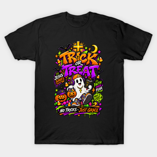 Trick Or Treat Christian Halloween Graffiti Ghost Jesus Saves T-Shirt