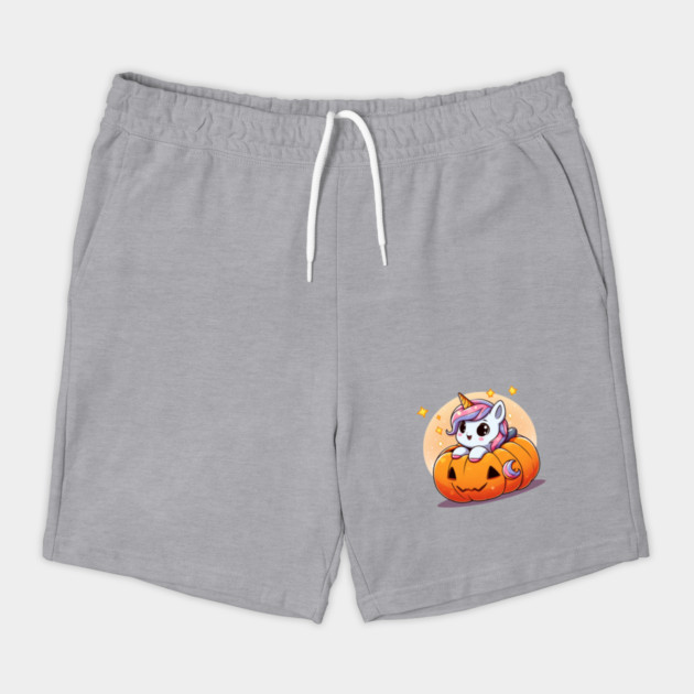 Cute Baby Unicorn in Jack-o'-Lantern Halloween Drawstring Shorts - Kawaii Unicorn Peeking from a Carved Pumpkin with Gold Sparkles