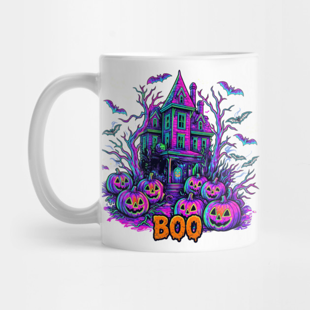 Neon Haunted House Spooky Halloween Pumpkins Mug