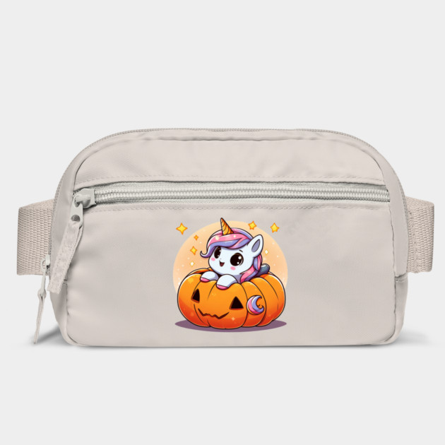 Cute Baby Unicorn in Jack-o'-Lantern Halloween Belt Bag - Kawaii Unicorn Peeking from a Carved Pumpkin with Gold Sparkles