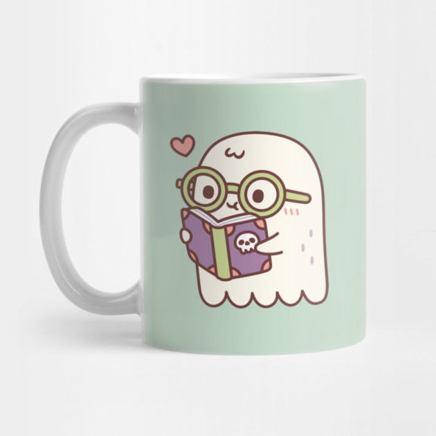 Cute Ghost Reading A Book With A Skull Mug