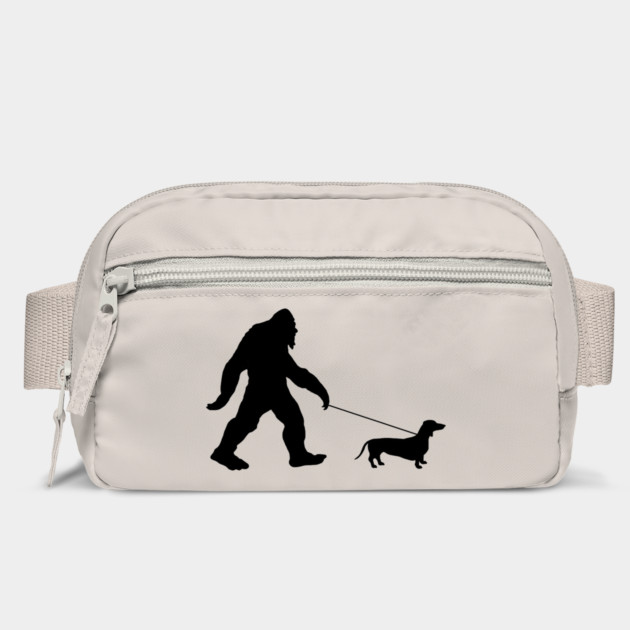 Funny Bigfoot Walking a Dachshund Belt Bag Fanny Pack - Black Silhouette Sasquatch with Wiener Dog on a Leash, Gift for Dog Lovers