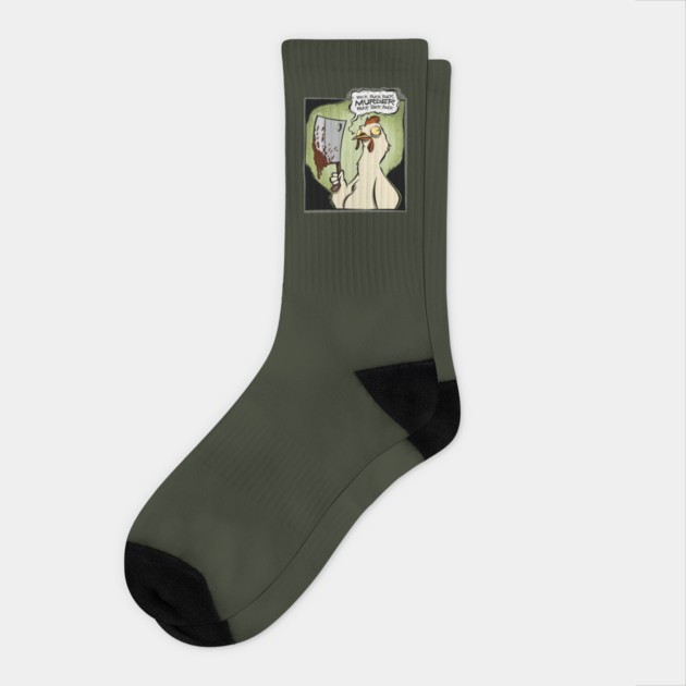 Funny Murder Chicken with Bloody Cleaver Crew Socks - Wide-Eyed Cartoon Hen with Murder Speech Bubble, Gift for Chicken Lovers