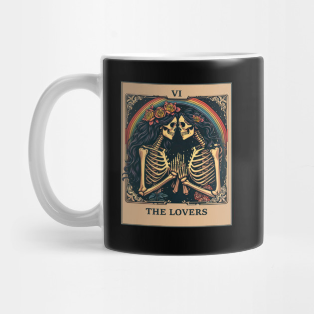 Vintage Couple Skeleton Halloween LGBTQ Pride Tarot Card The Lovers Skeletons Lesbian Rainbow Goth Occult Valentine Mug