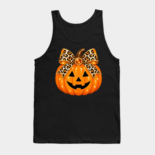 Leopard Pumpkin Coquette Bow Halloween Jack O Lantern Tank Top