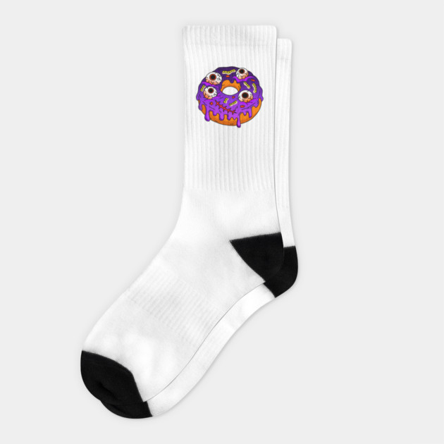 Spooky Halloween Monster Doughnut topped with Eyeballs Maggots Stitched Mouth and Purple Glaze Vector Socks