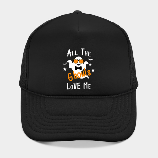 Funny All the Ghouls Love Me Halloween Trucker Hat - Cool White Ghost with Orange Sunglasses, Bow Tie, Stars and Bats