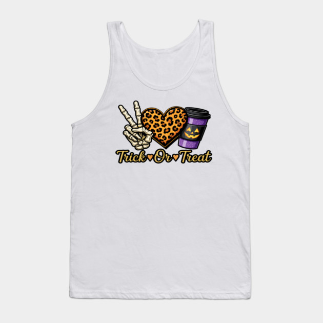 Peace Love Trick Or Treat Skeleton Leopard Coffee Tank Top