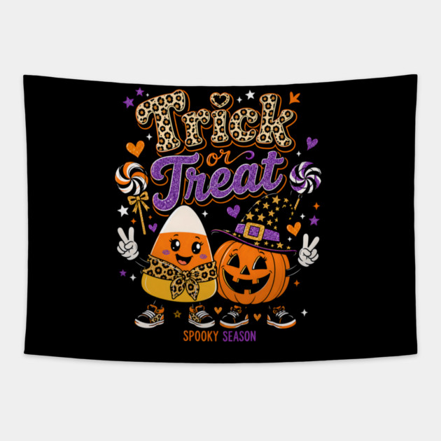 Candy Corn Pumpkin Leopard Bow Halloween Character Tapestry
