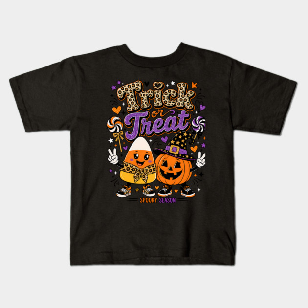 Candy Corn Pumpkin Leopard Bow Halloween Character Kids T-Shirt