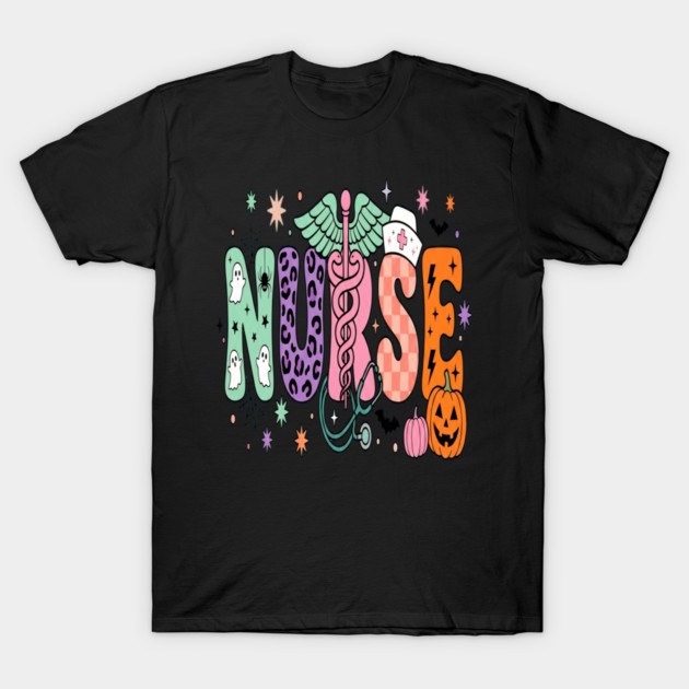 Nurse Halloween Spooky Ghost Pumpkin Stethoscope Leopard Print Typography T-Shirt