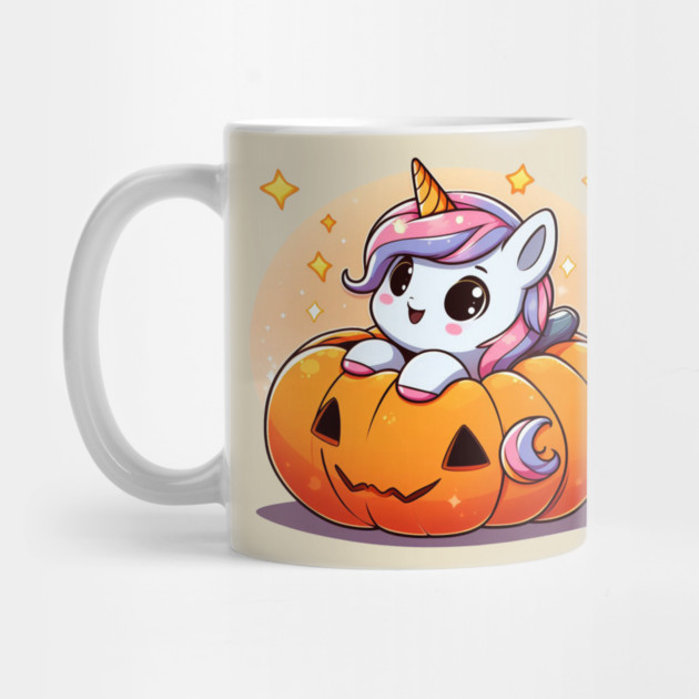 Cute Baby Unicorn in Jack-o'-Lantern Halloween Coffee Mug - Kawaii Unicorn Peeking from a Carved Pumpkin with Gold Sparkles