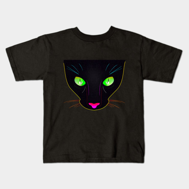 Black Cat with Green Fluorescent Eyes - Illustration Kids T-Shirt