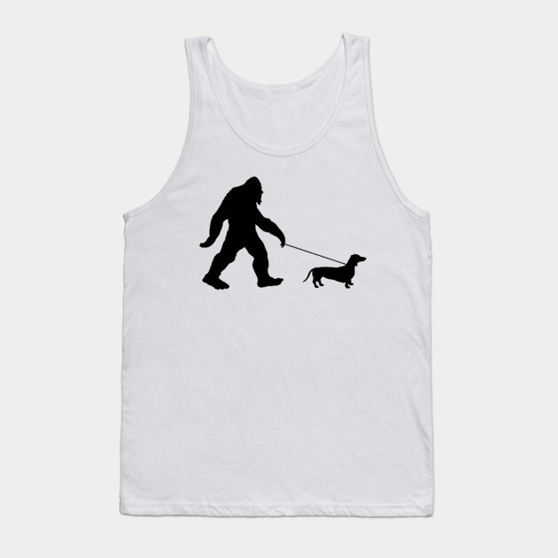 Funny Bigfoot Walking a Dachshund Tank Top - Black Silhouette Sasquatch with Wiener Dog on a Leash, Unisex Tank for Men and Women