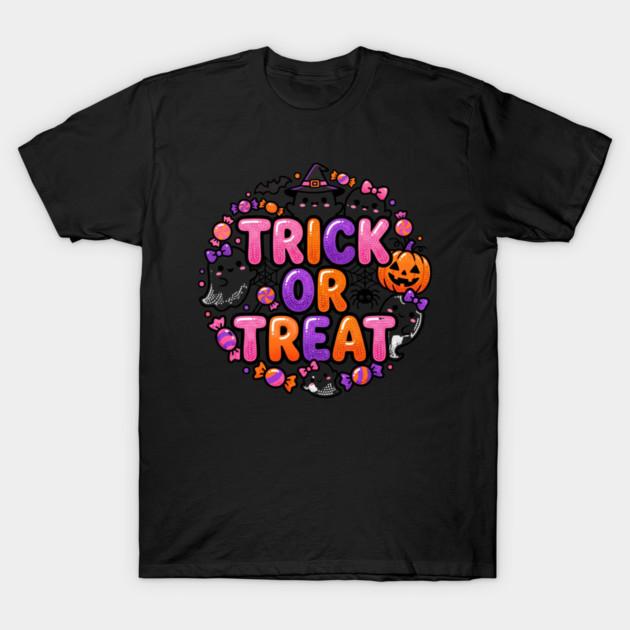 Retro Trick Or Treat Halloween Candy Pumpkin Witch Wreath Aesthetic T-Shirt
