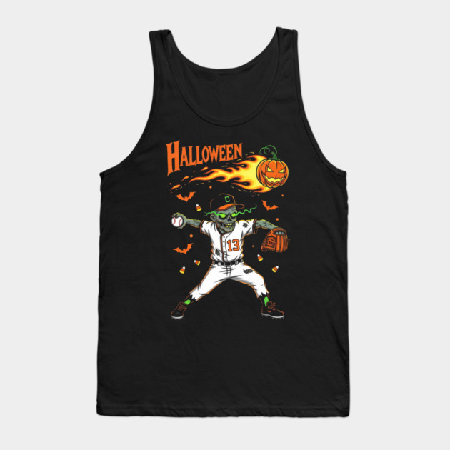 Zombie Baseball Pitcher Throwing Flaming Pumpkin Funny Tank Top