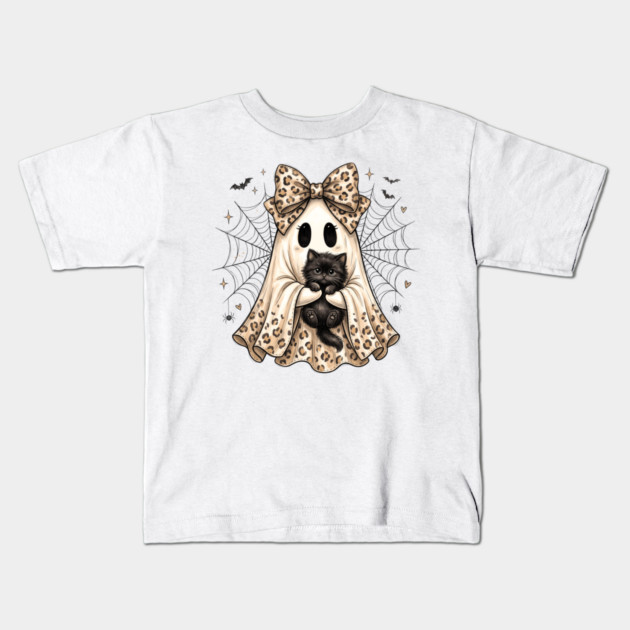 Cute Leopard Bow Ghost Holding Black Cat Halloween Spooky Lover Kids T-Shirt