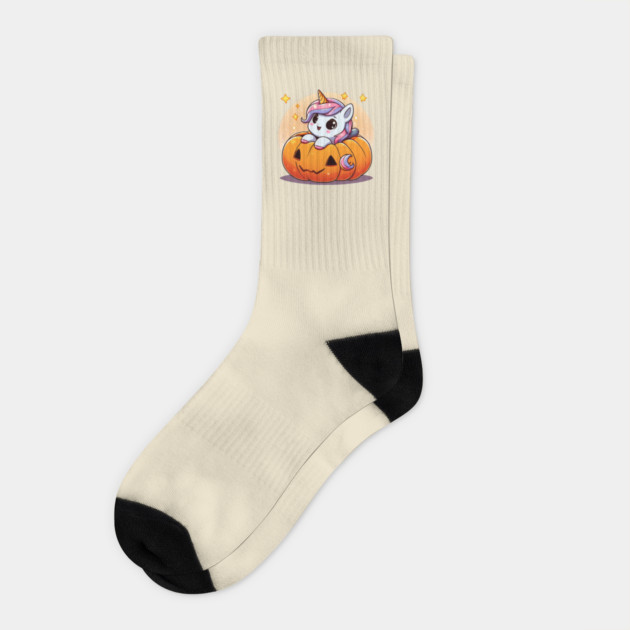 Cute Baby Unicorn in Jack-o'-Lantern Halloween Crew Socks - Kawaii Unicorn Peeking from a Carved Pumpkin with Gold Sparkles