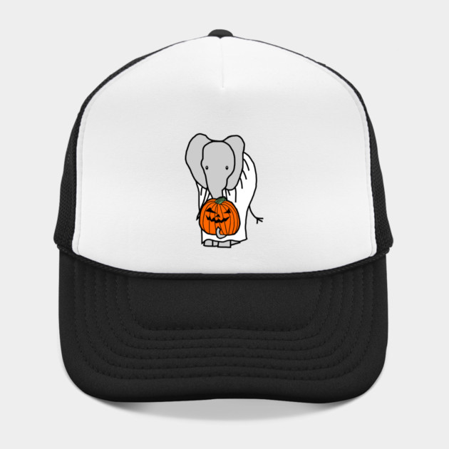 Cute Elephant in Ghost Costume Halloween Trucker Hat - Cartoon Grey Elephant Holding a Carved Jack-o'-Lantern, Gift for Animal Lovers