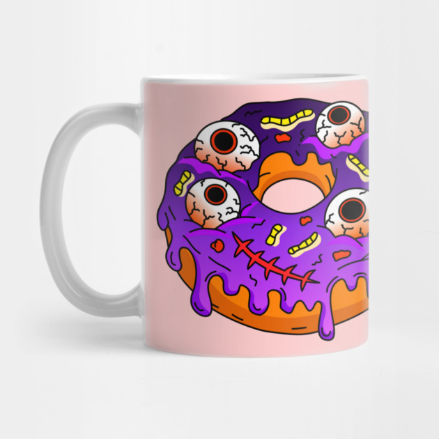 Spooky Halloween Monster Doughnut topped with Eyeballs Maggots Stitched Mouth and Purple Glaze Vector Mug