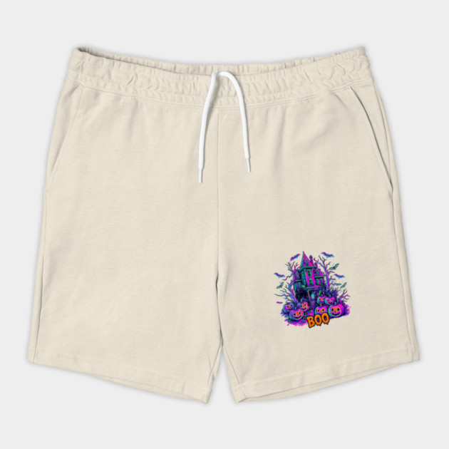 Neon Haunted House Spooky Halloween Pumpkins Shorts