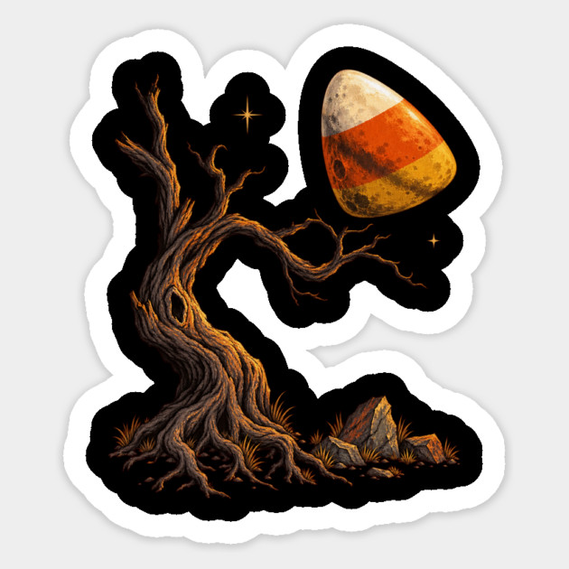 Candy Corn Moon Over Haunted Tree – Spooky Halloween Art Sticker