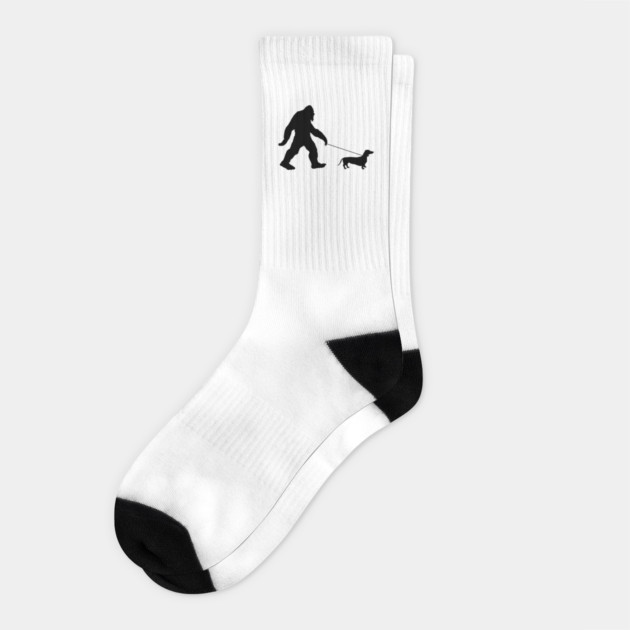 Funny Bigfoot Walking a Dachshund Crew Socks - Black Silhouette Sasquatch with Wiener Dog on a Leash, Gift for Dog Lovers