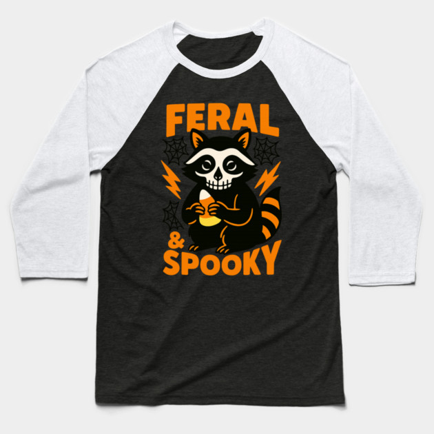 Feral Spooky Raccoon Halloween Candy Corn Baseball T-Shirt