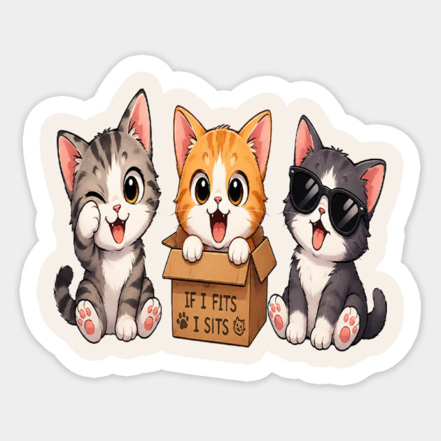 Cute Cartoon Kittens If I Fits I Sits Cat Meme Sticker