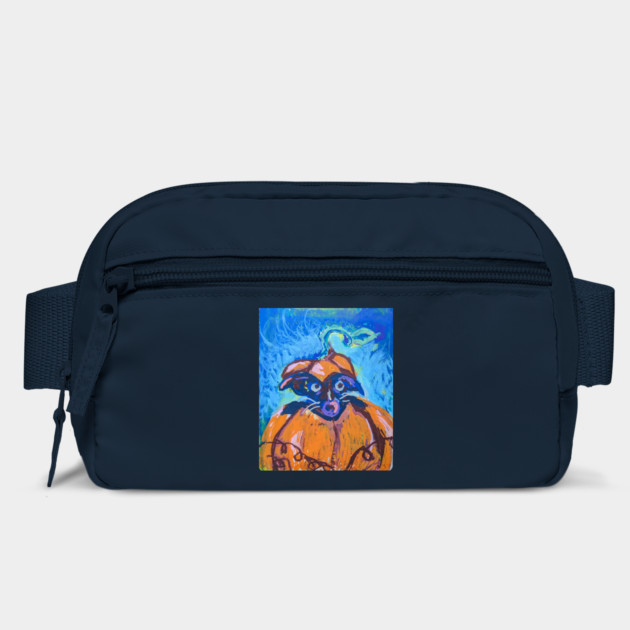 Scaredy Pup Peeking Behind a Pumpkin Halloween Belt Bag - Painted Wide-Eyed Dog and Orange Pumpkin on Blue Strokes, Gift for Dog Lovers