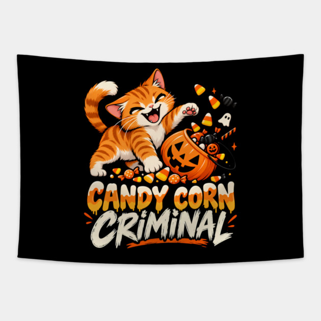 Candy Corn Criminal Shirt, Funny Orange Tabby Cat Halloween Tee, Cute Cat Candy Thief Shirt, Sarcastic Halloween Cat Gift Tapestry
