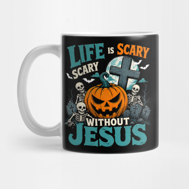 Retro Christian Halloween Life Is Scary Without Jesus Pumpkin Cross Faith Fall Church Mug