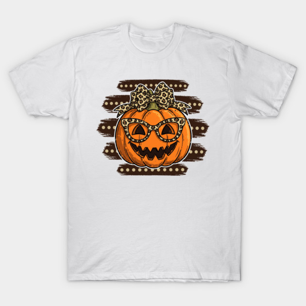 Leopard Print Pumpkin with Glasses and Bow Halloween T-Shirt