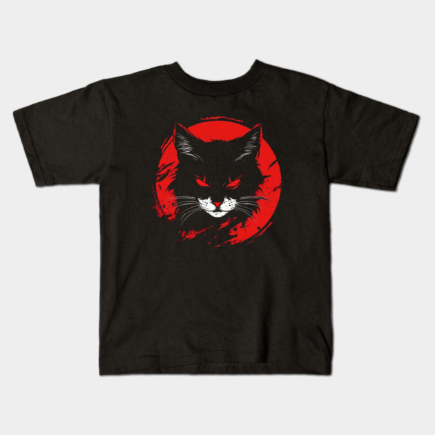 Evil Black Cat Glowing Red Eyes Circle Black Graphic Kids T-Shirt