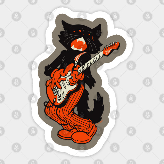 Vintage Halloween Black Cat Shredding On Electric Guitar Sticker