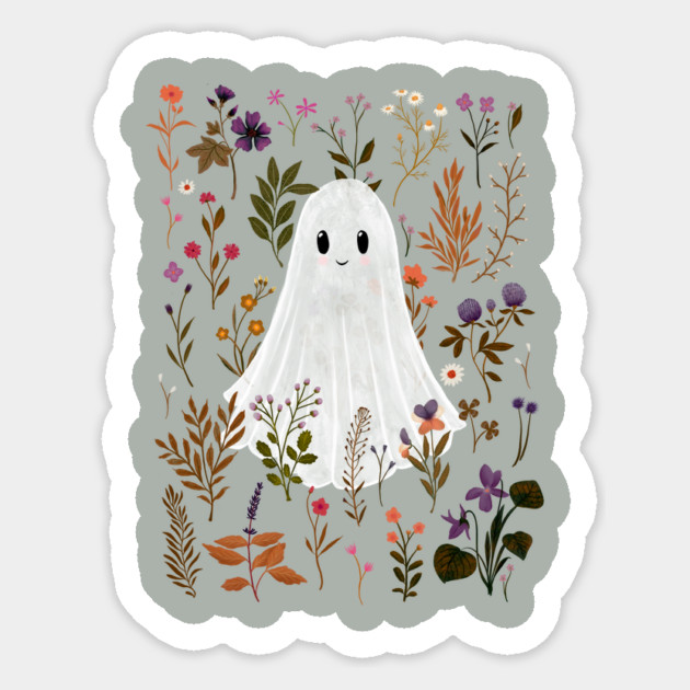 Ghost in the Garden – Cute Ghost in a Boho Autumn Floral Scene Sticker