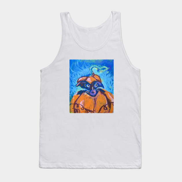 Scaredy Pup Peeking Behind a Pumpkin Halloween Tank Top - Painted Wide-Eyed Dog and Orange Pumpkin on Blue Strokes, Unisex Tank for Men and Women