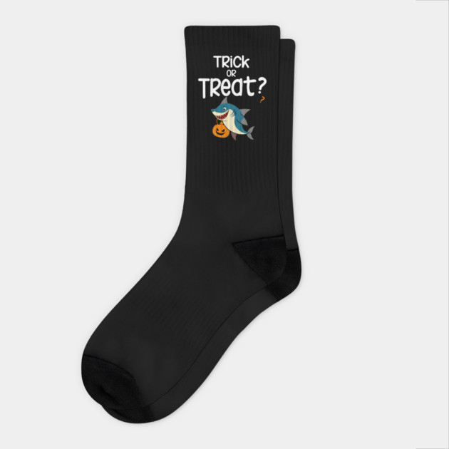 Trick or Treat ? with a shark holding a halloween basket Socks
