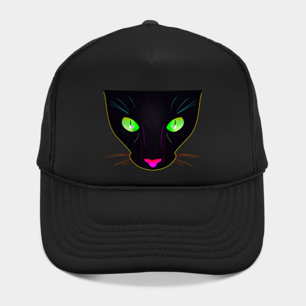 Black Cat with Green Fluorescent Eyes - Illustration Hat