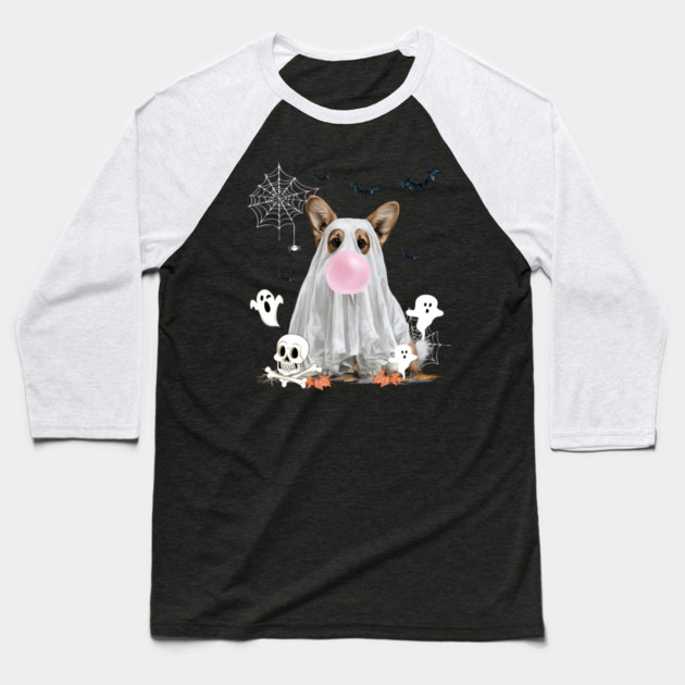 Corgi Dog Ghost Dressed Funny Halloween Dog Lover Baseball T-Shirt