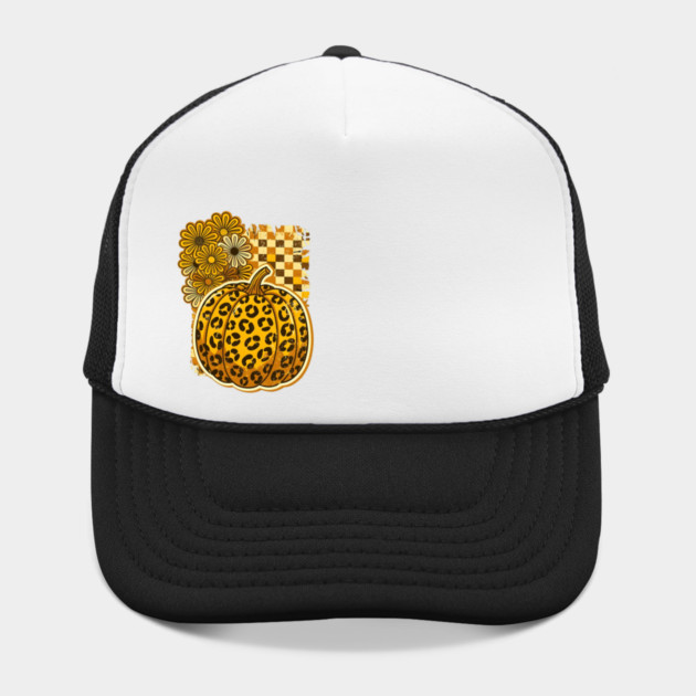 Leopard Pumpkin Patch Checkered Fall Flowers Hat