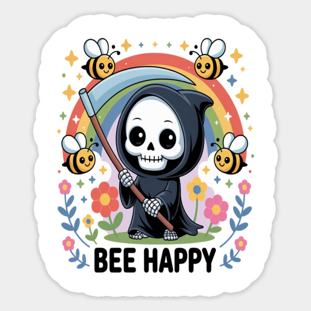 Bee Happy Cute Grim Reaper Rainbow Sticker