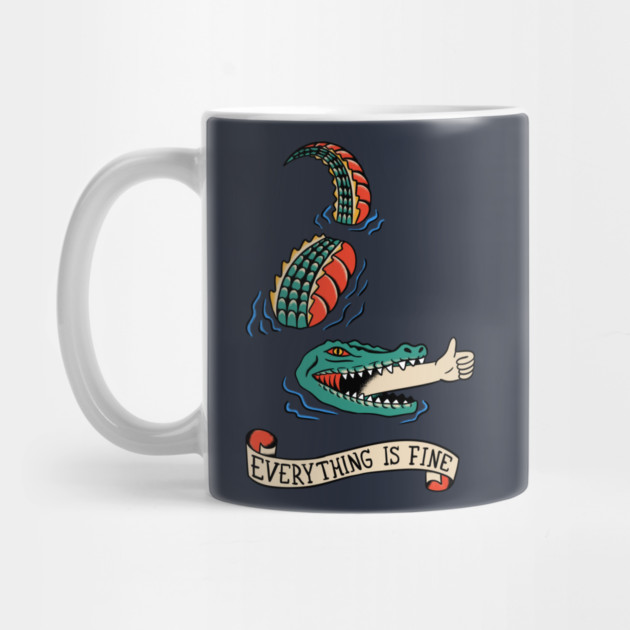 Funny Everything Is Fine Alligator Tattoo Coffee Mug - Gator Swallowing an Arm Giving a Thumbs Up, Dark Humor, Gift for Reptile Lovers