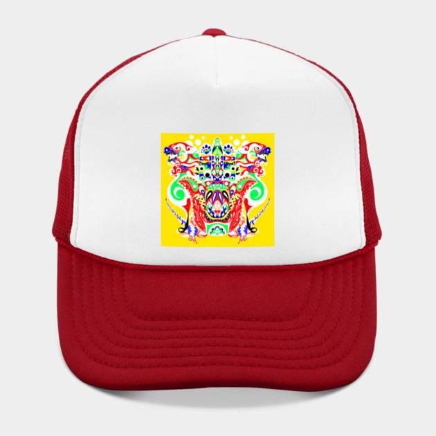 Symmetrical Folk Art Beast Trucker Hat - Colorful Mandala Monster with Twin Dragon Heads on a Yellow Square, Mesh Back Cap, Gift for Folk Art Lovers