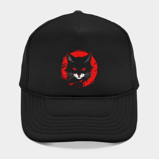 Evil Black Cat Glowing Red Eyes Circle Black Graphic Hat