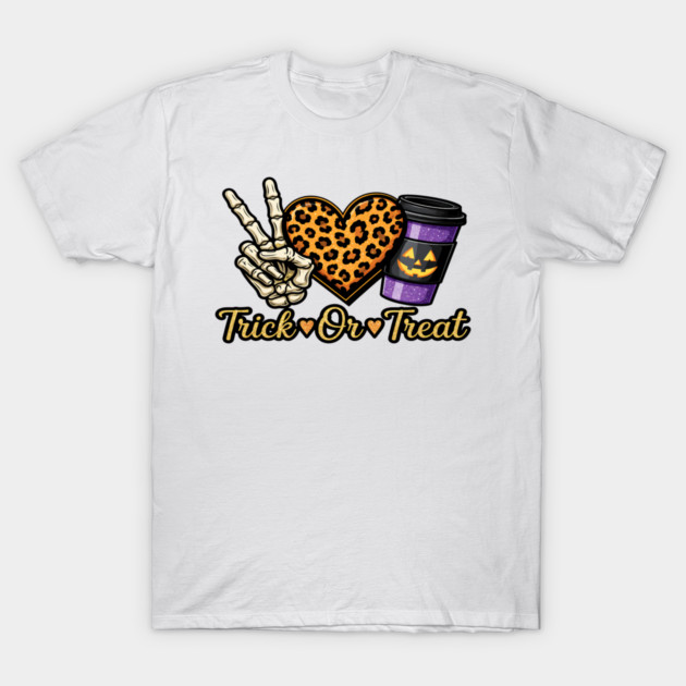 Peace Love Trick Or Treat Skeleton Leopard Coffee T-Shirt