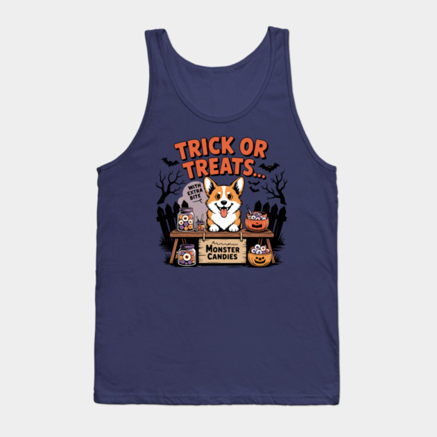 Trick or Treats… With Extra Bite – Corgi Halloween Monster Candy Stand Tank Top
