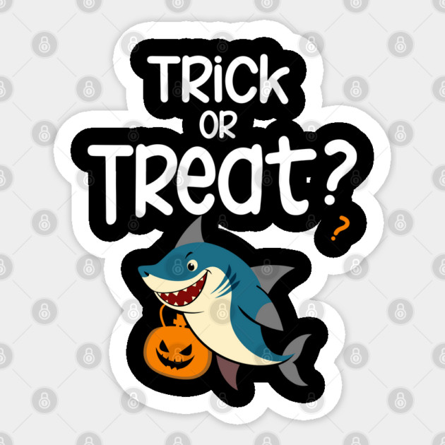 Trick or Treat ? with a shark holding a halloween basket Sticker