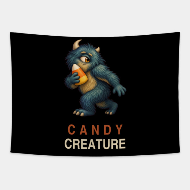 Candy Creature Cyclops Monster with Candy Corn – Cute Halloween Art Tapestry