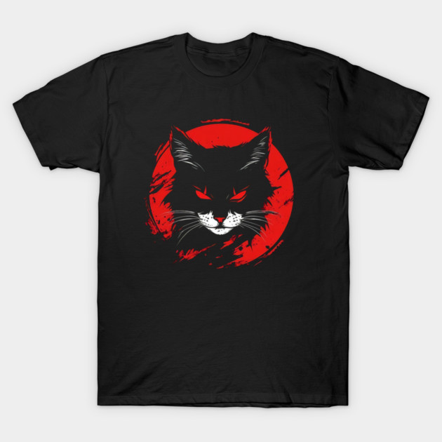 Evil Black Cat Glowing Red Eyes Circle Black Graphic T-Shirt